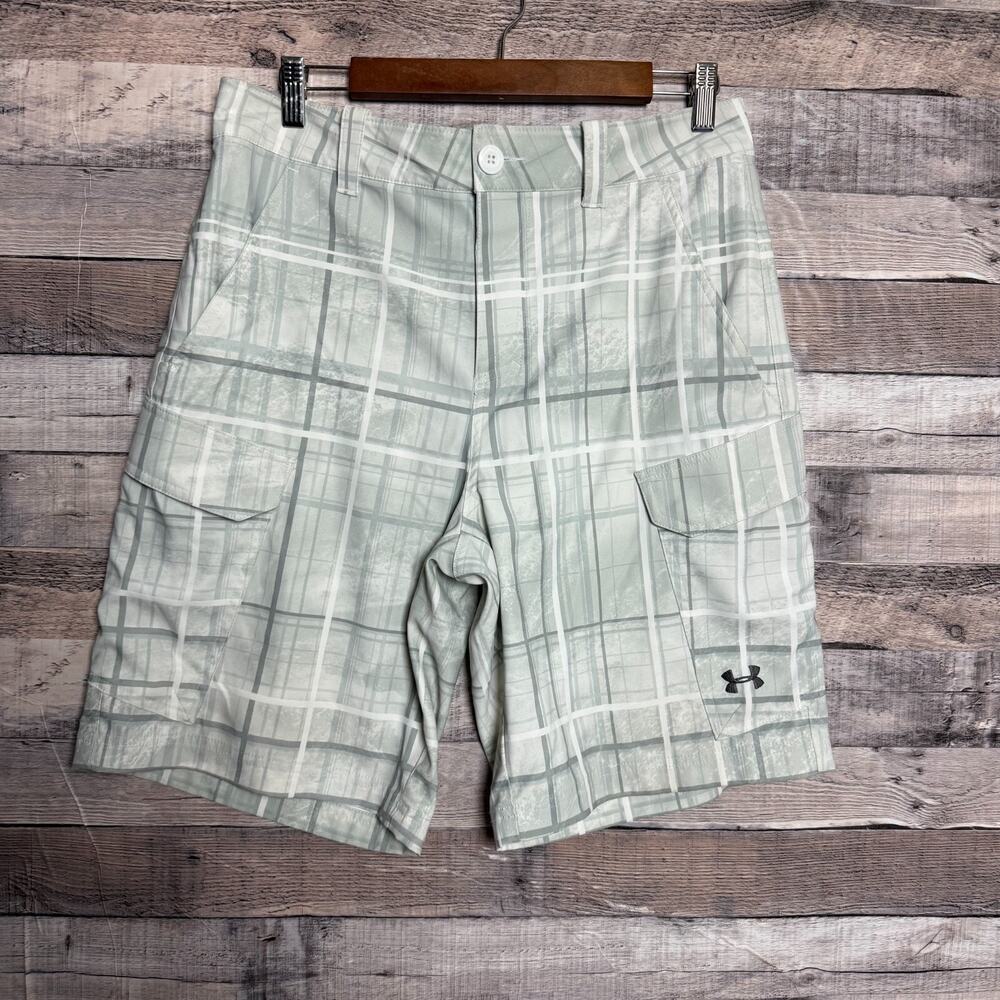 Under Armour Fish Hunter Cargo Shorts Mens 32 Gray Plaid Outdoors Hiking